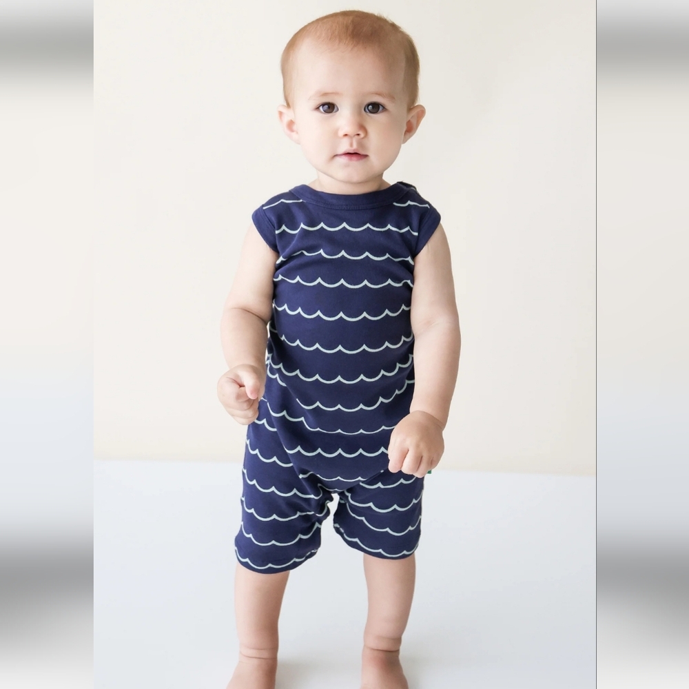 Parade Navy Sleeveless Baby Romper with Wave Pattern